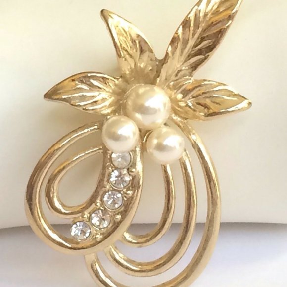 Vintage Pearl Oak Leaf Pin Brooch Fall Jewelry Crystal Flower Gold Plated Deco - Picture 3 of 11